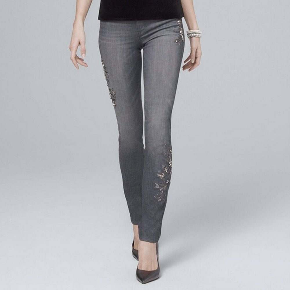 NWT White House Black Market Embellished Slim Ankle Jeans Gray | Size 2 Regular